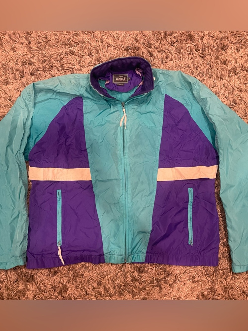 Woolrich L Colorblock Windbreaker Jacket in Teal, Purple, White